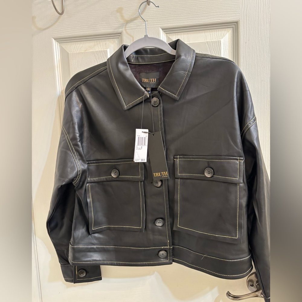 Truth by Republic Women's Dark faux leather Jacket with Contrast Stitching